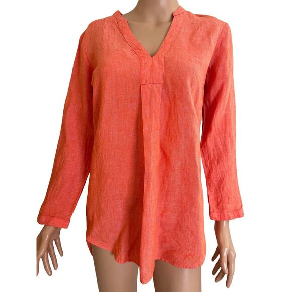 L.L. Bean Linen Tunic Top Orange Split V Neck Long Sleeve Hi Low 100% Linen XS - Picture 2 of 9